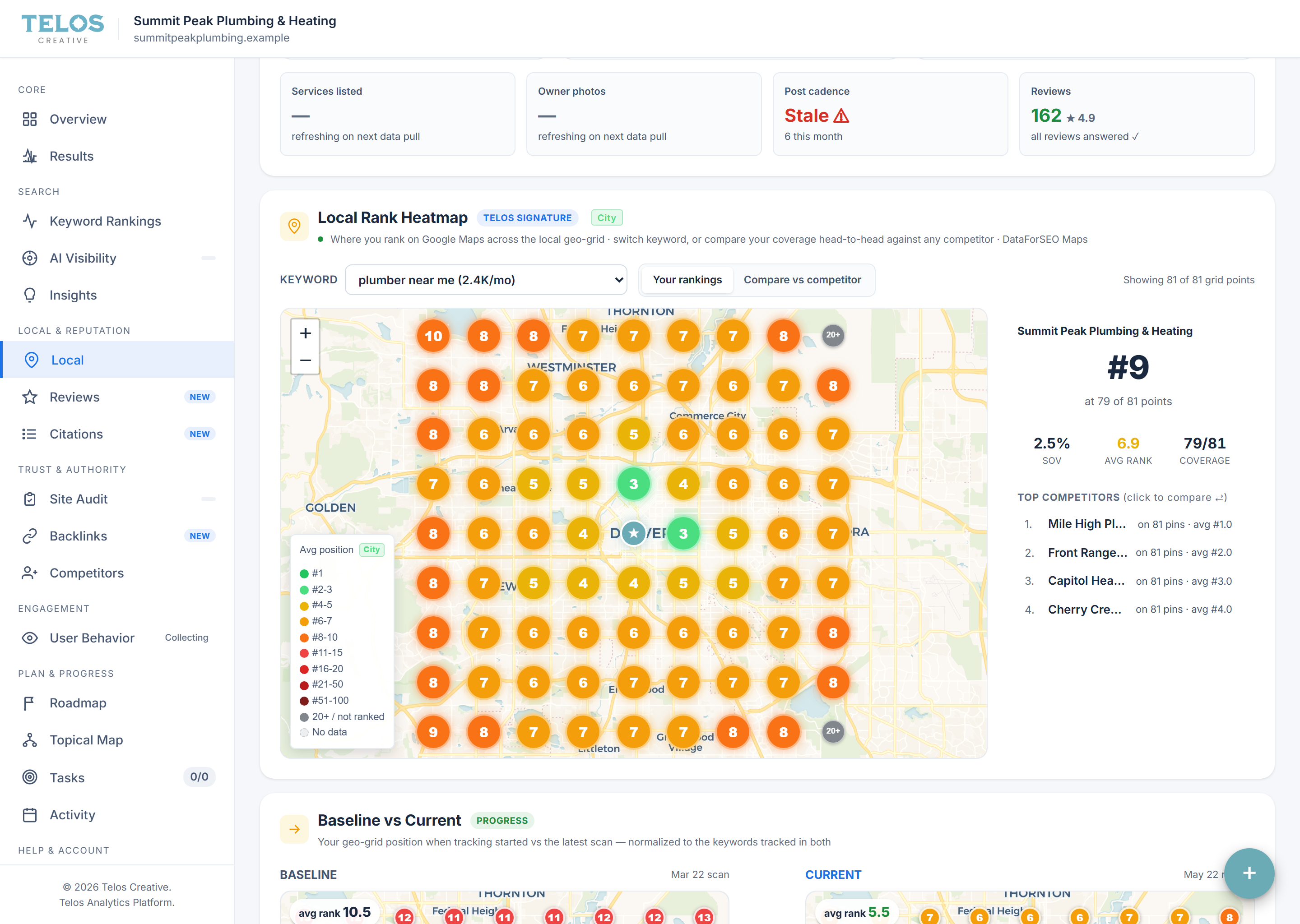 Local rank heatmap — geo-grid of Google map rankings across the service area